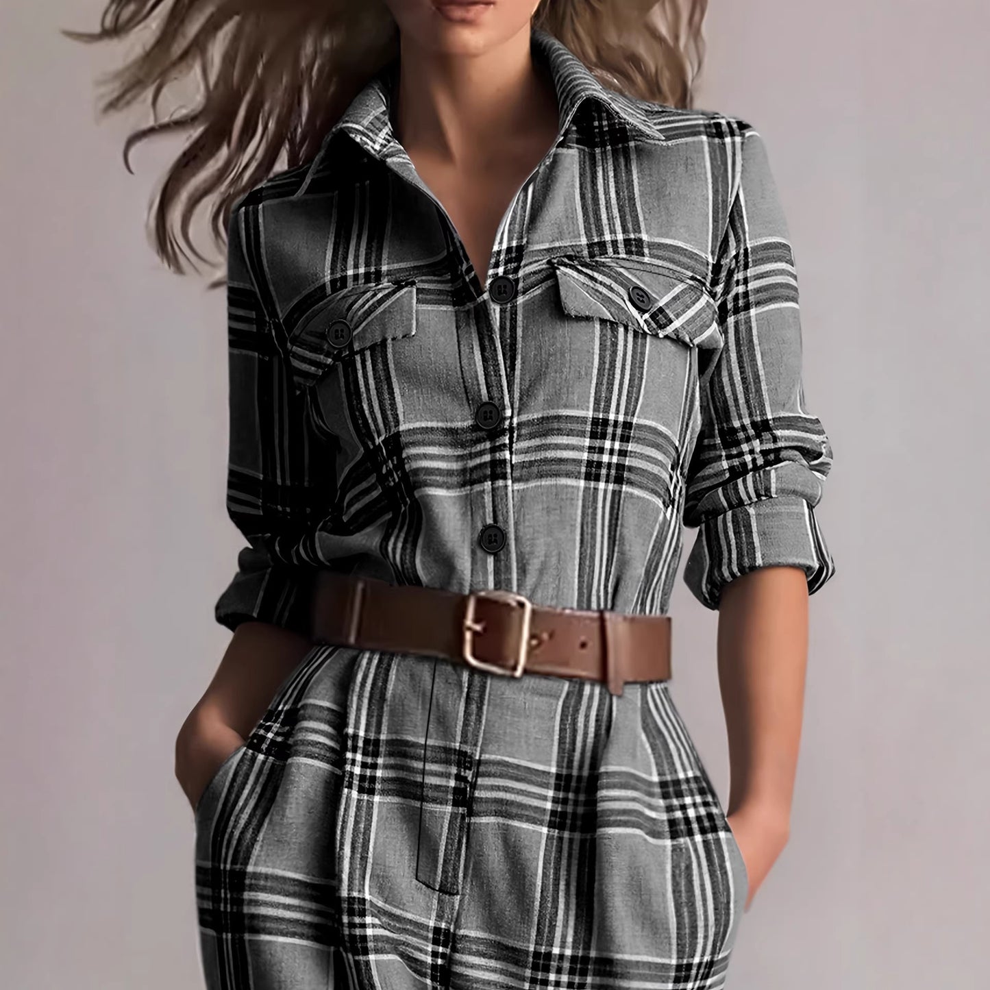 Retro Plaid High-Waisted Jumpsuit And Pockets For Women