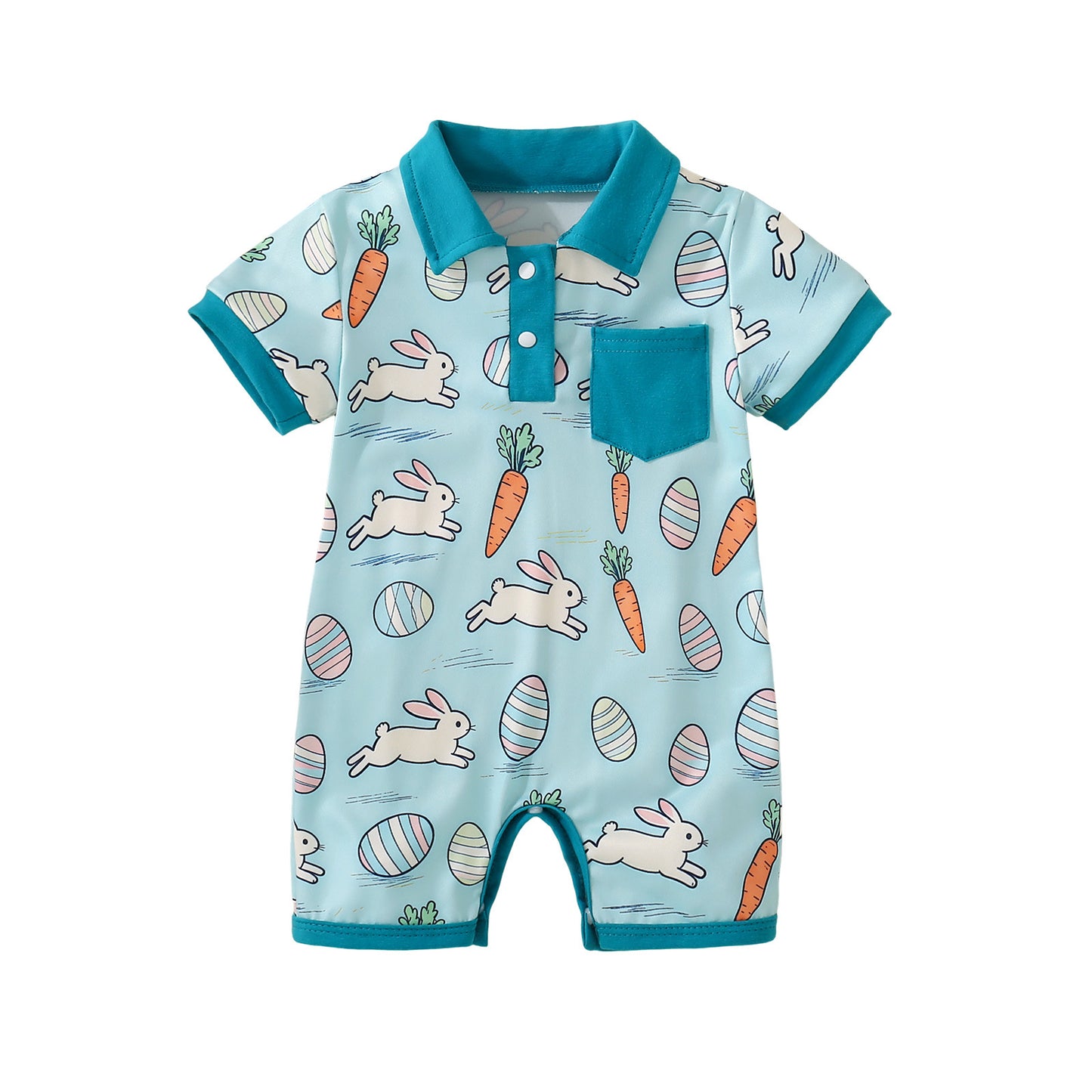 Baby Short-sleeve Onesie Blue Background With Rabbits And Carrots