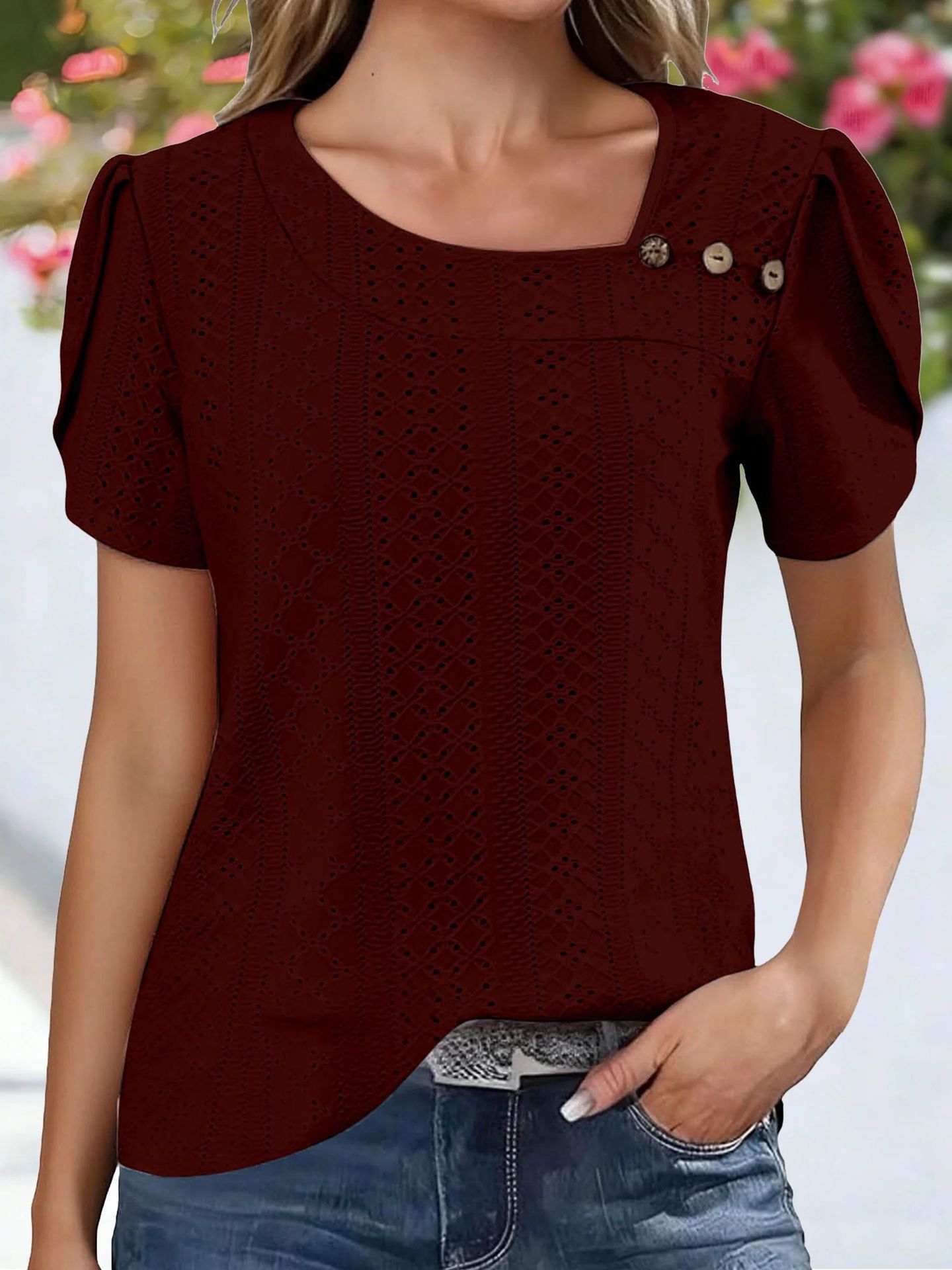 V-neck Casual Buttoned Solid-color Womens Top