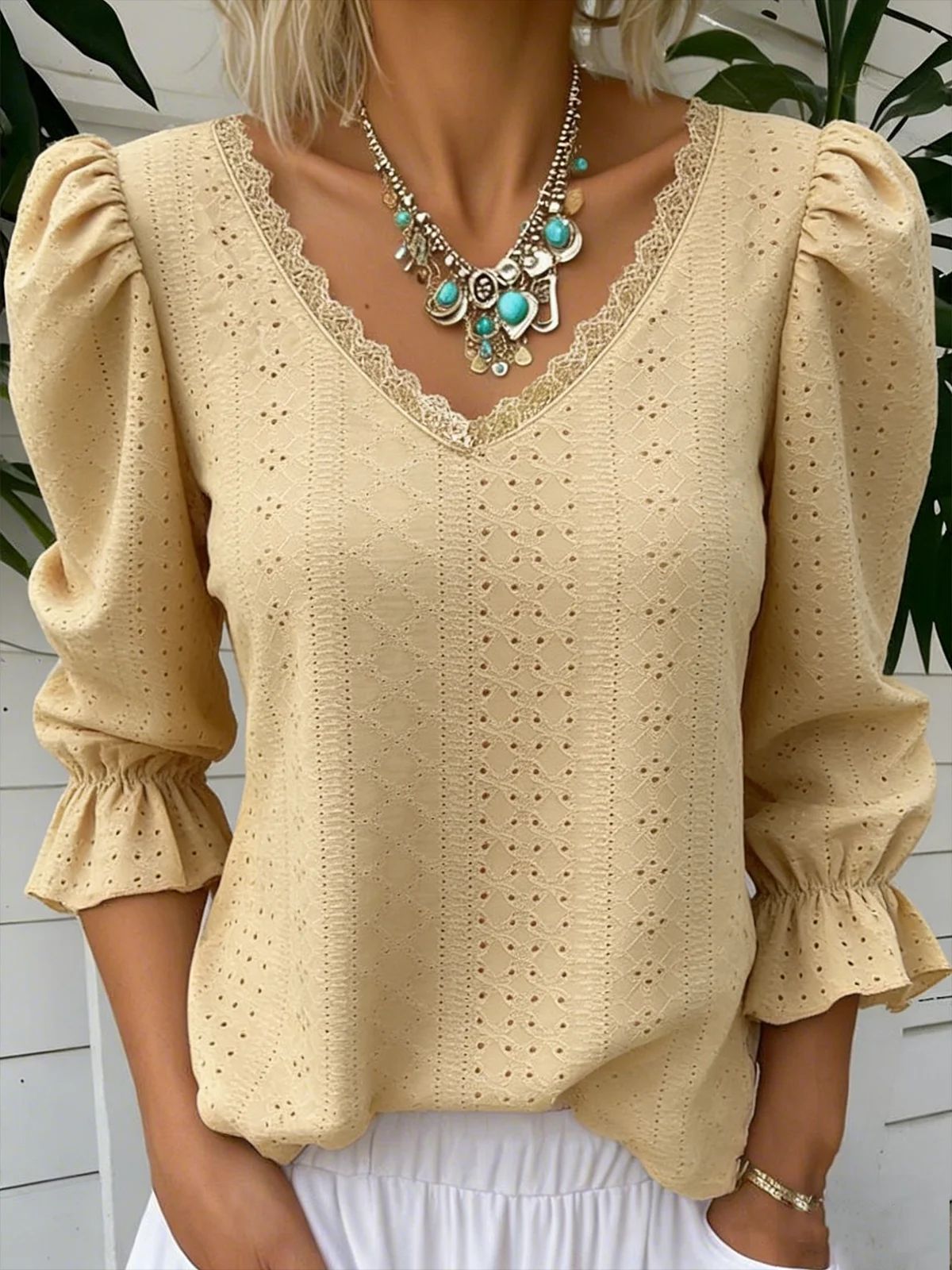 Spring Women's V Neck Hollowed Out Mid Sleeve Top For Women