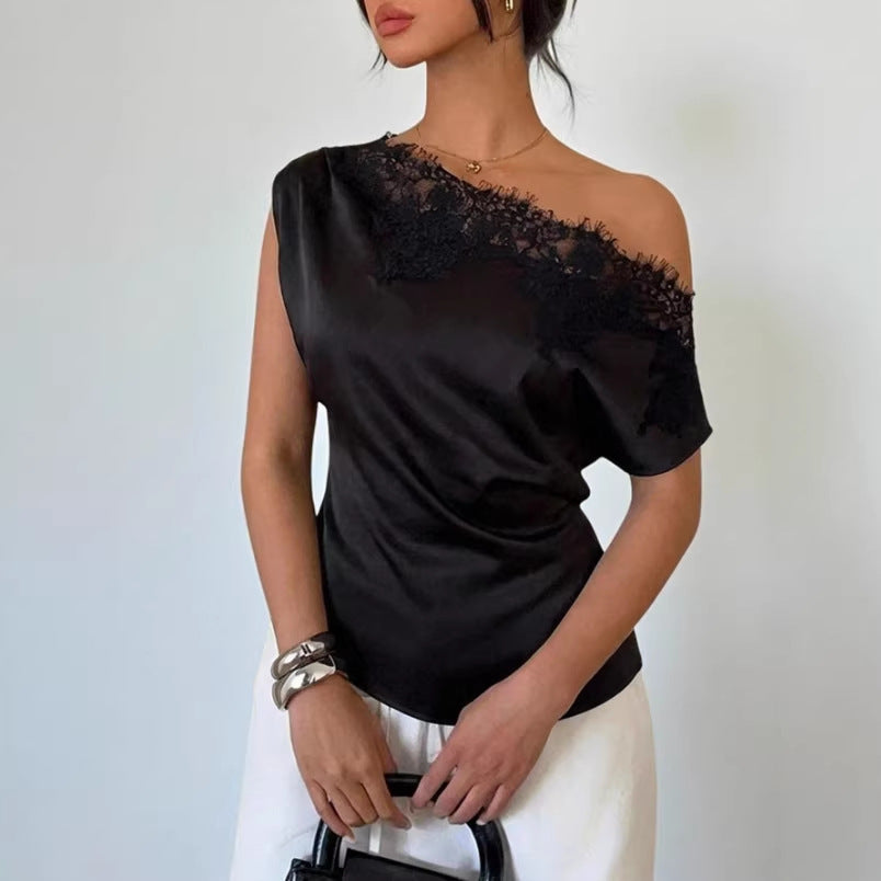 Irregular Hem Short-Sleeve Defined-Waist Elegant Top For Women
