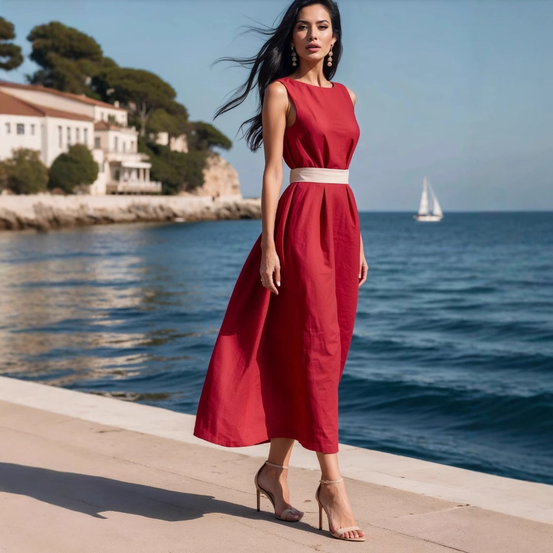 Solid Color Mid Length Dress With Waist Tie For Women