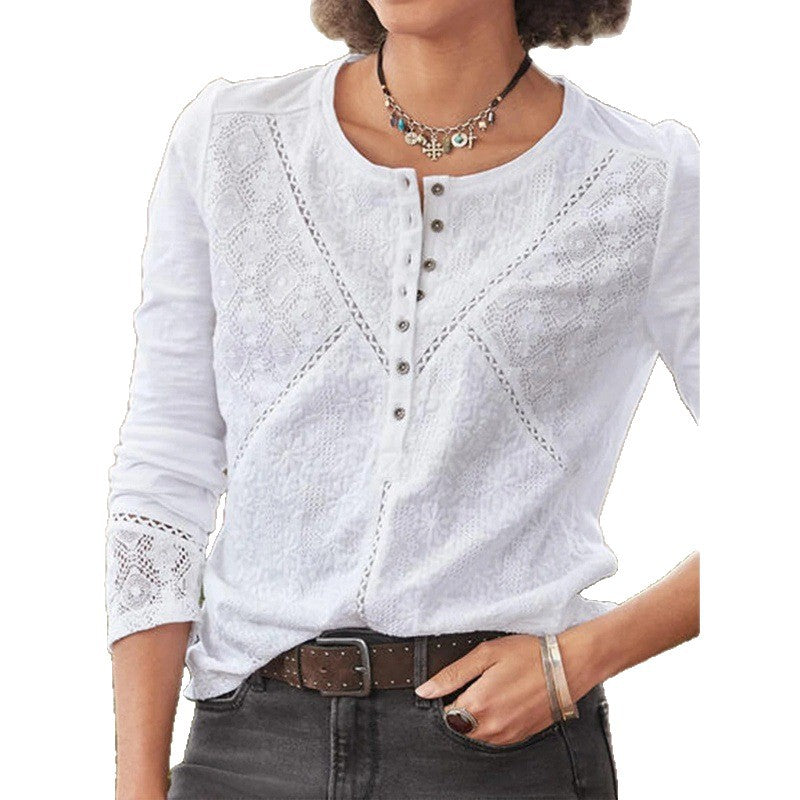 Womens Fashion Hollow-Out Elegant Cotton Lace Crew-Neck Top