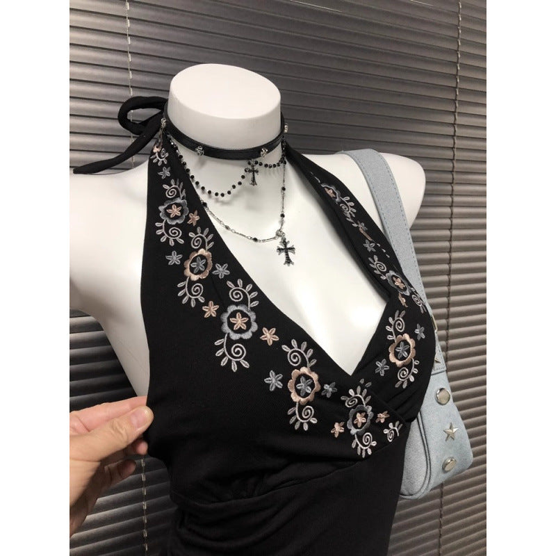 Niche Black V-Neck Embroidered Halter Backless Sophisticated Vintage Top