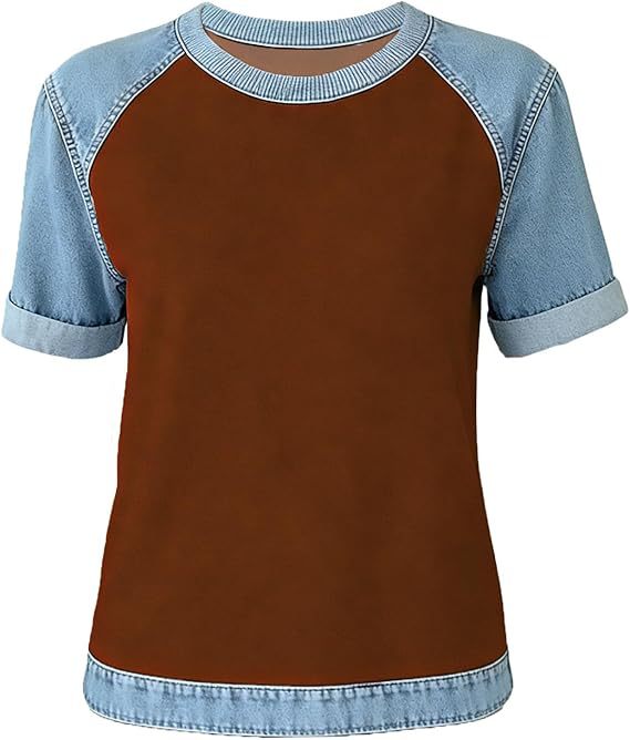 Denim Patchwork Crew Neck Short-sleeve Loose Casual Everyday Versatile