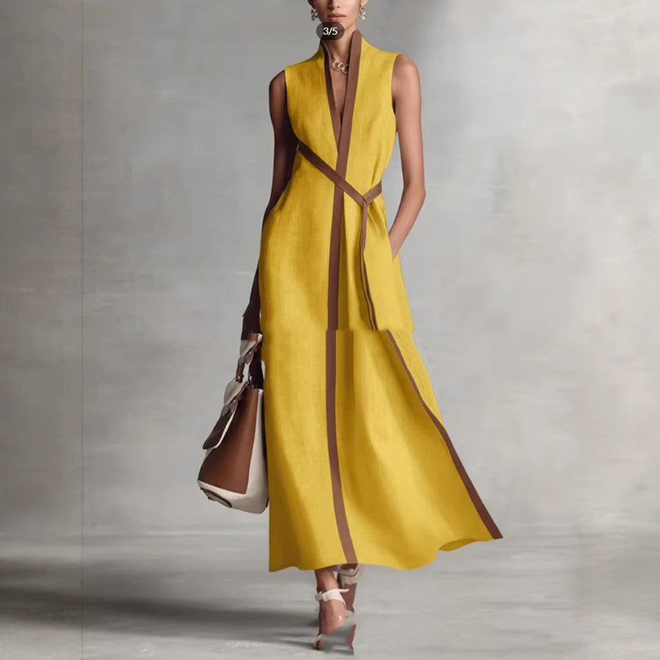Stand-up Collar Sleeveless Casual Contrast-color Loose Dress