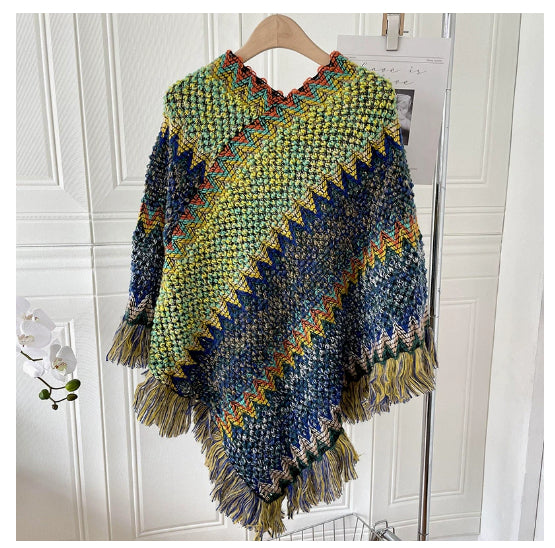 Ethnic Style Cape Shawl Knitted Pullover Mohair Fringed Scarf Jacket Women