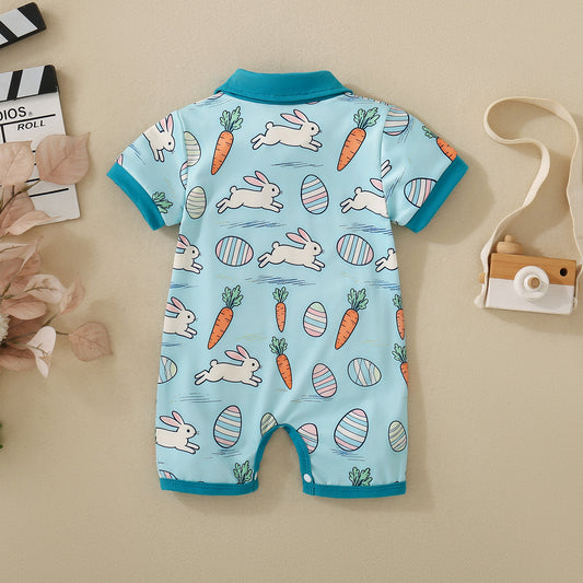 Baby Short-sleeve Onesie Blue Background With Rabbits And Carrots