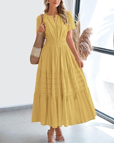 Vneck Pleated Puff Sleeve Layered Maxi Dress For Women