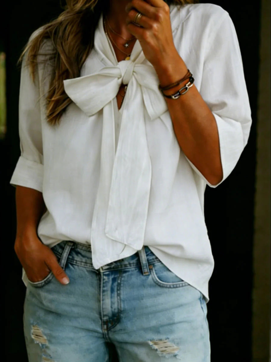 V-neck Bow-knot Loose-fit Three-quarter Sleeve Womens Top