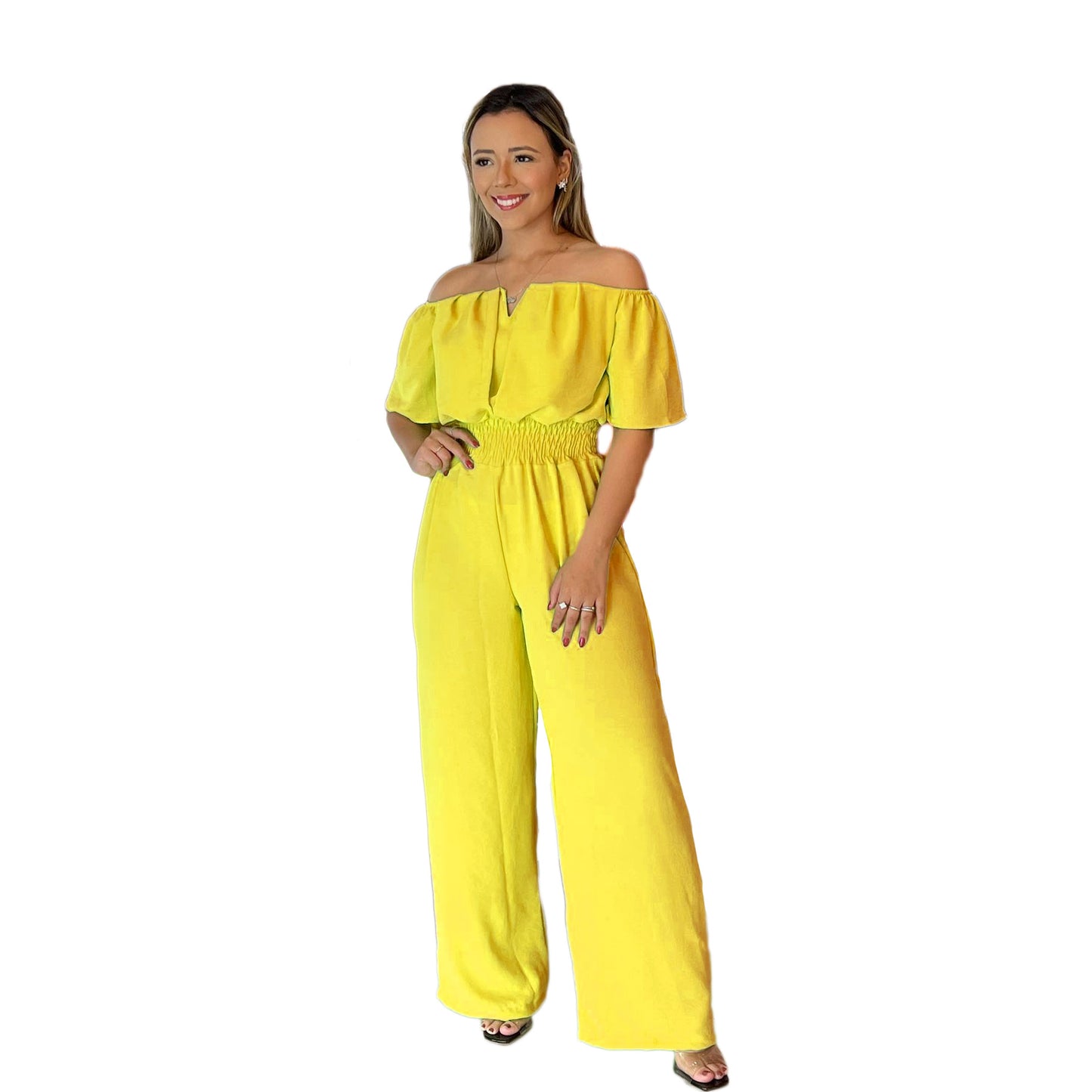 Crew-neck Waist-cinching Casual Relaxed-fit Straight-leg Jumpsuit