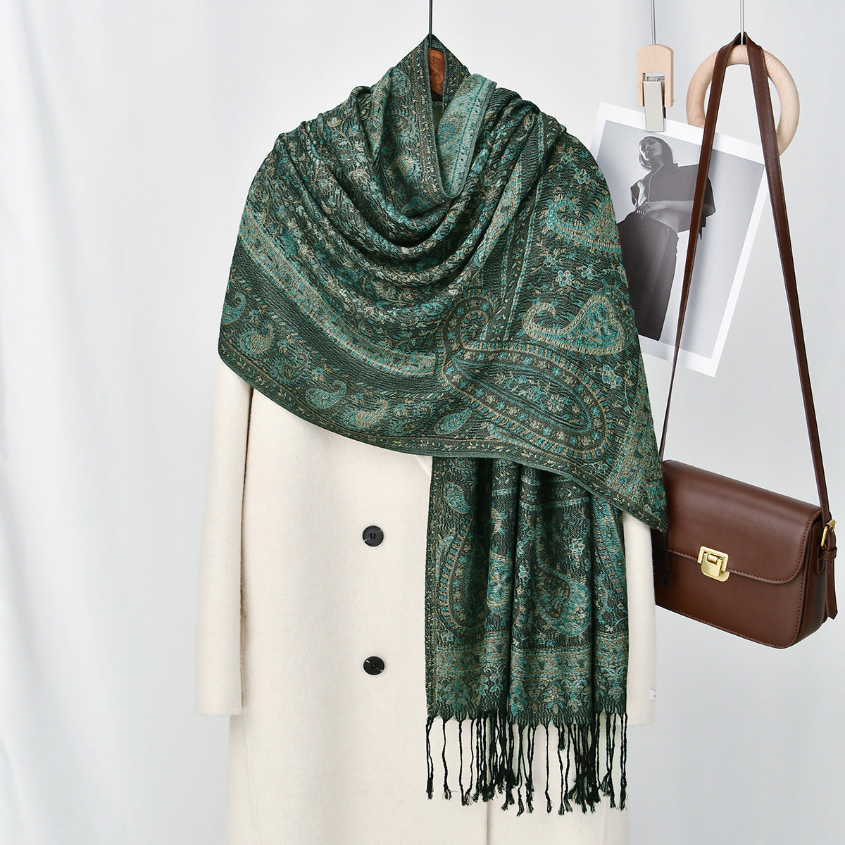 Cashew Printed Thick Jacquard Tassel Shawl For Women