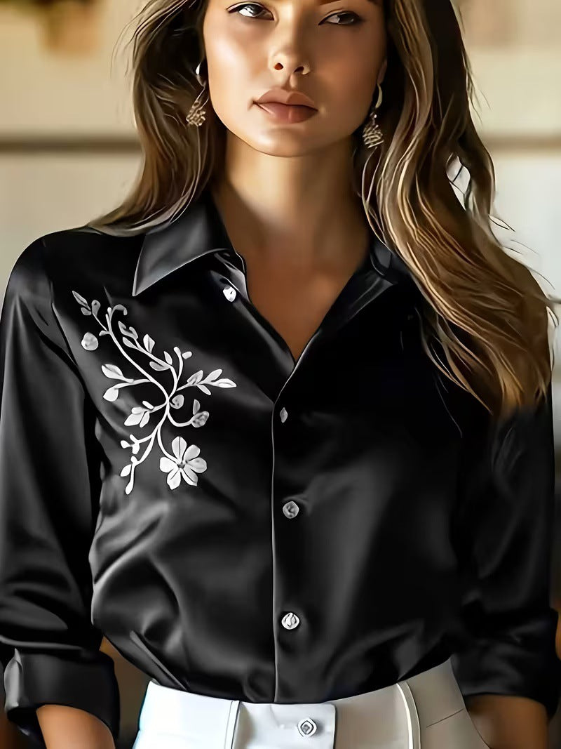 Women's Satin Lapel Long-Sleeve Shirt