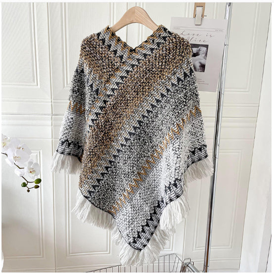 Ethnic Style Cape Shawl Knitted Pullover Mohair Fringed Scarf Jacket Women
