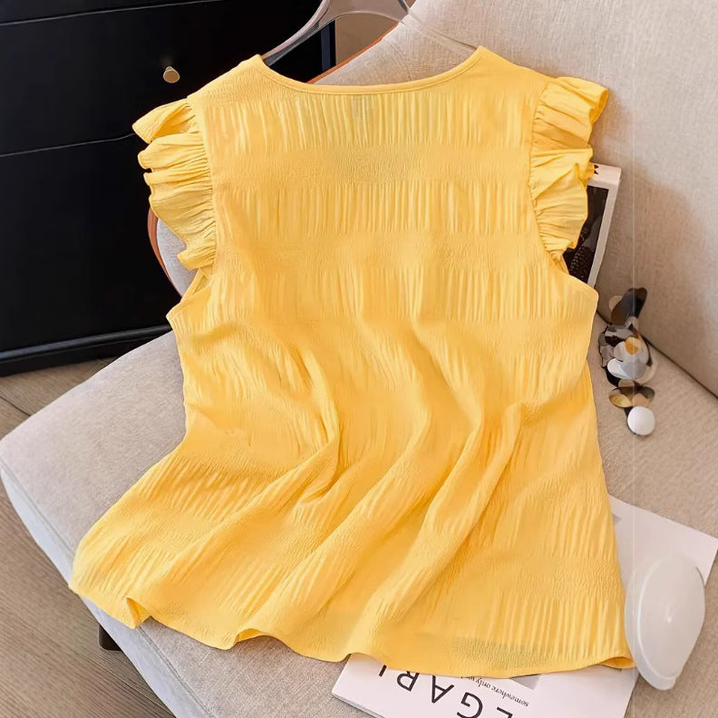Solid-color Patchwork V-neck Ruffled Short-sleeve T-shirt For Women