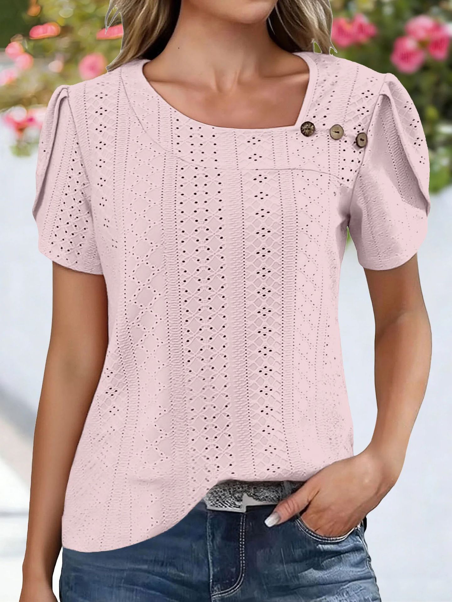 V-neck Casual Buttoned Solid-color Womens Top