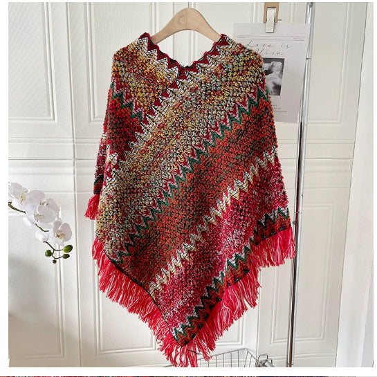 Ethnic Style Cape Shawl Knitted Pullover Mohair Fringed Scarf Jacket Women
