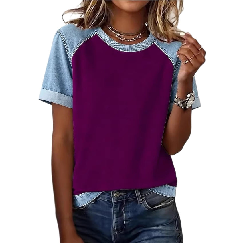 Denim Patchwork Crew Neck Short-sleeve Loose Casual Everyday Versatile
