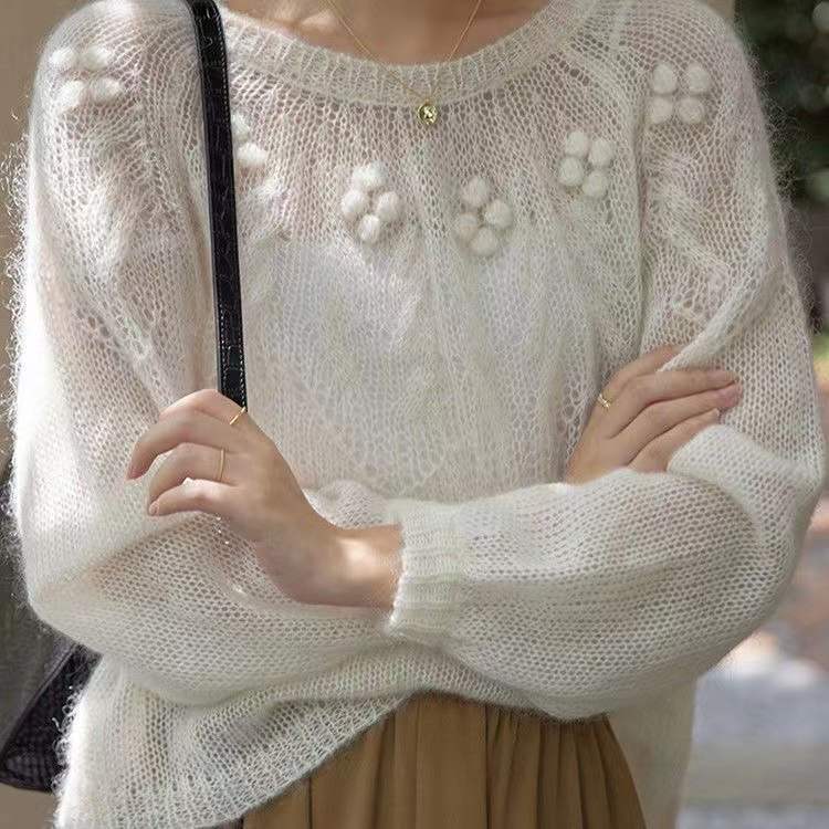 Retro High-grade White Mohair Sweater For Women