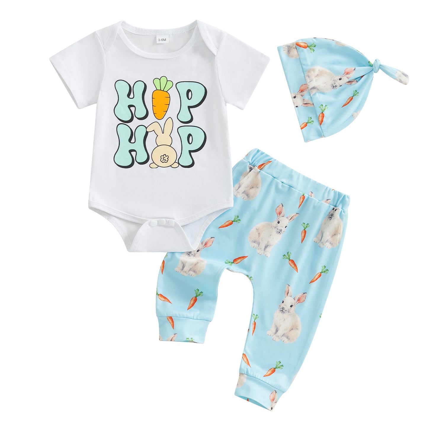Rabbit-print Short-sleeve Romper Long Style Hat Three-piece Set