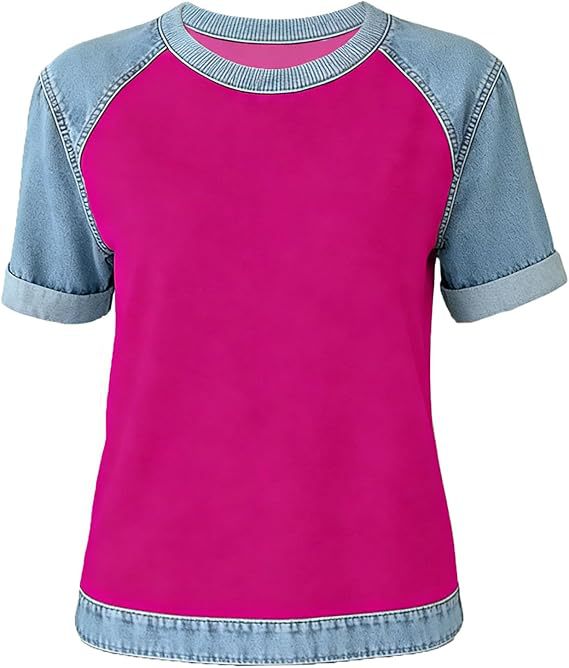 Denim Patchwork Crew Neck Short-sleeve Loose Casual Everyday Versatile