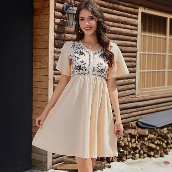 Casual Loose V-Neck Printed Defined-Waist Short-Sleeve Womens Dress
