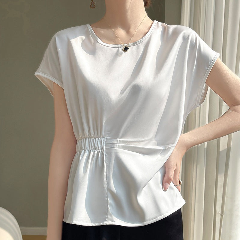 Crew-neck Simple All-match Drawstring Short-length Short-sleeve T-shirt