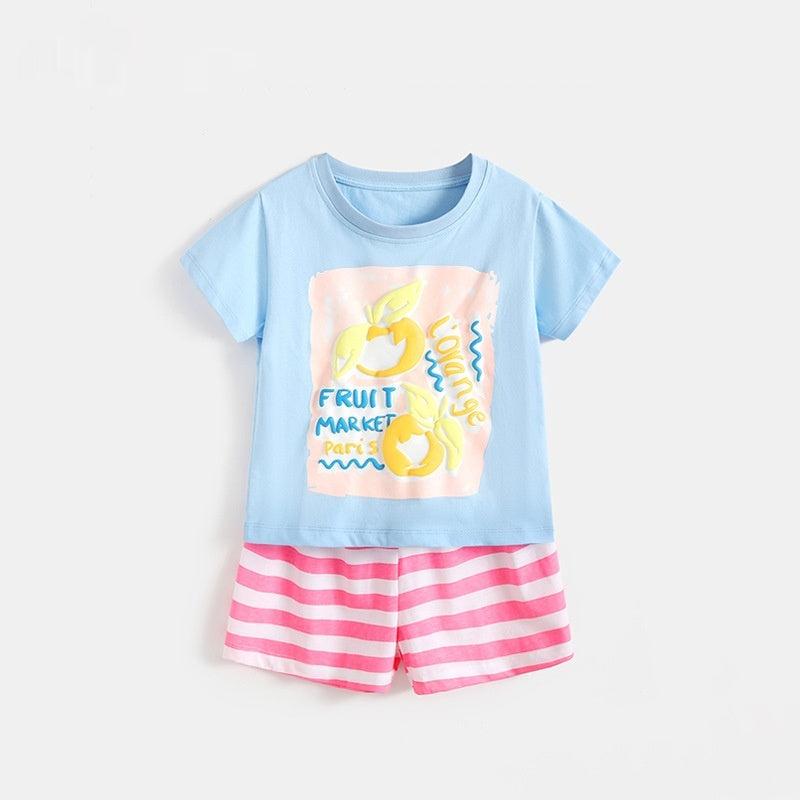 Summer New Stylish Little Girl Round Neck Short Sleeve Striped Pants Set