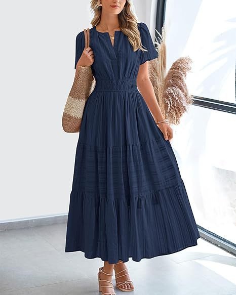Vneck Pleated Puff Sleeve Layered Maxi Dress For Women