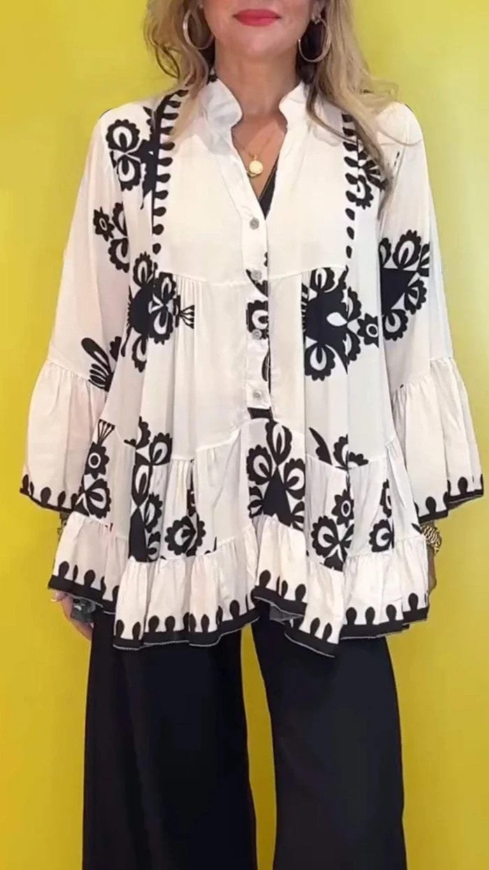 New Cross-border Foreign Trade European And American Women's Irregular V-neck Casual Loose Long Sleeved Ruffled Women's Shirt