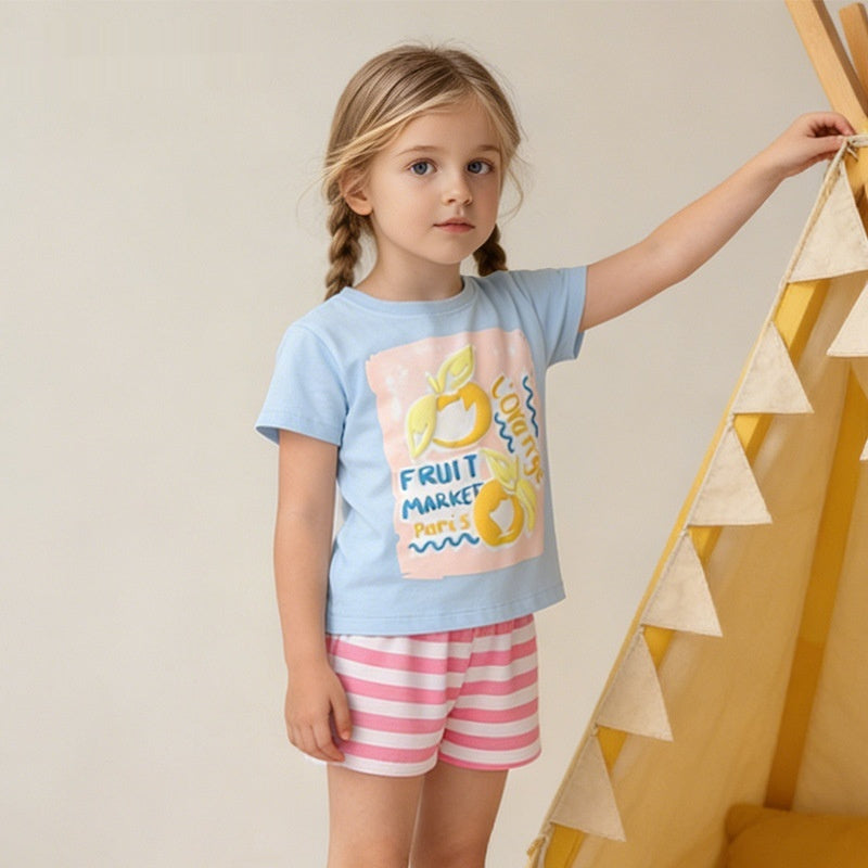 Summer New Stylish Little Girl Round Neck Short Sleeve Striped Pants Set