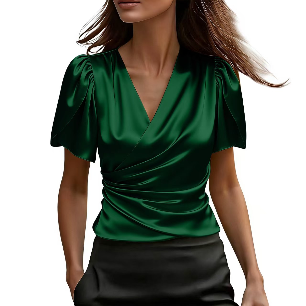 Women's Irregular Designer-Style Pleated Short-Sleeve Shirt