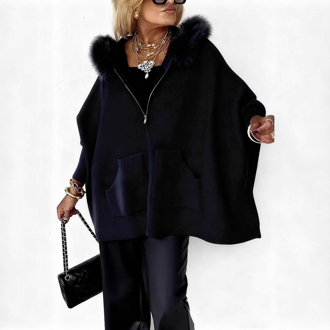 Ins Plush Hooded Cardigan Fashion Warm Pockets Zip-up Knitted Jacket Casual Outerwear Batwing Sleeve Sweater Women's Clothing
