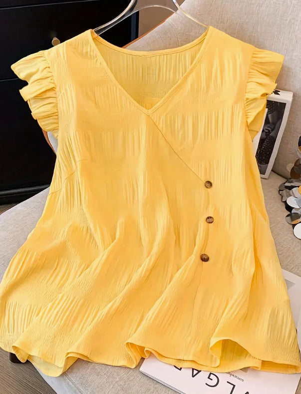 Solid-color Patchwork V-neck Ruffled Short-sleeve T-shirt For Women