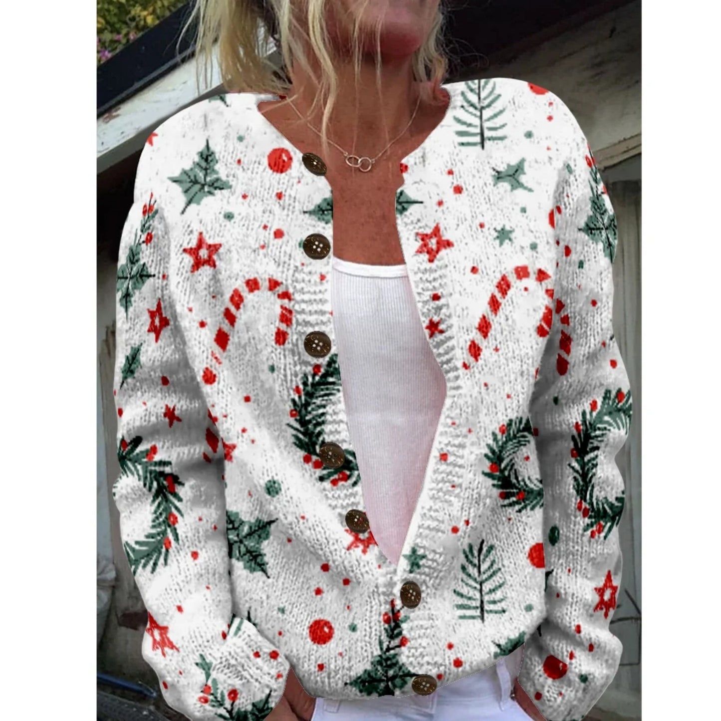 Round Neck Sweater Christmas Button Cardigan Long Sleeve Sweater