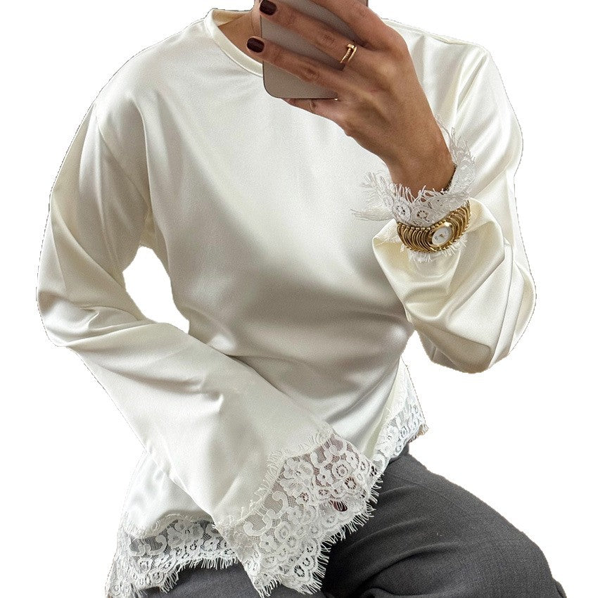 Casual Solid Color Lace Patchwork Top