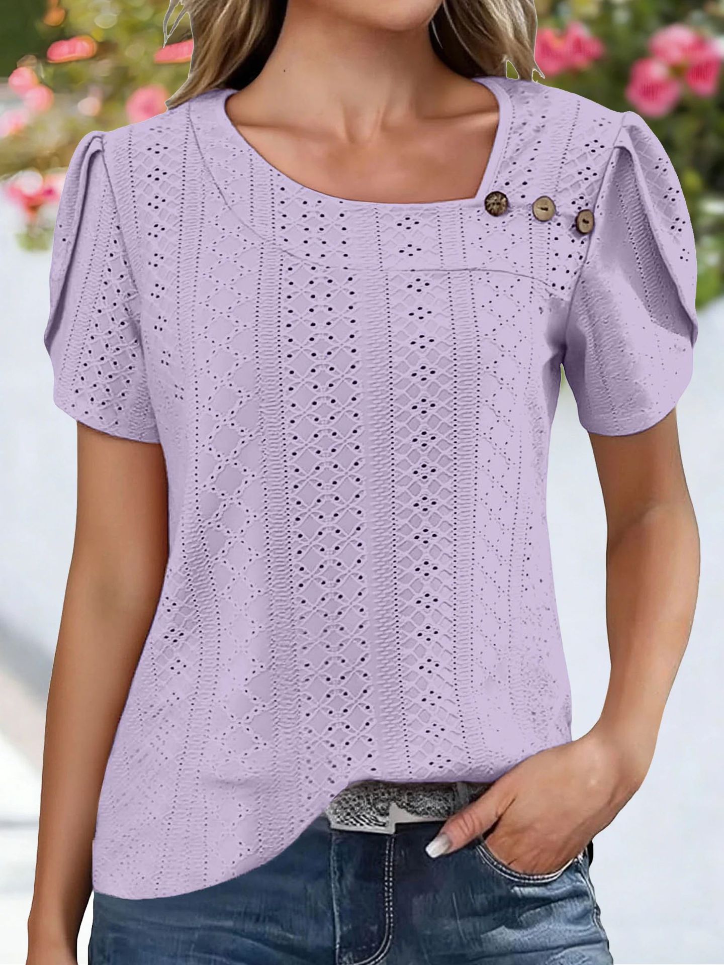 V-neck Casual Buttoned Solid-color Womens Top