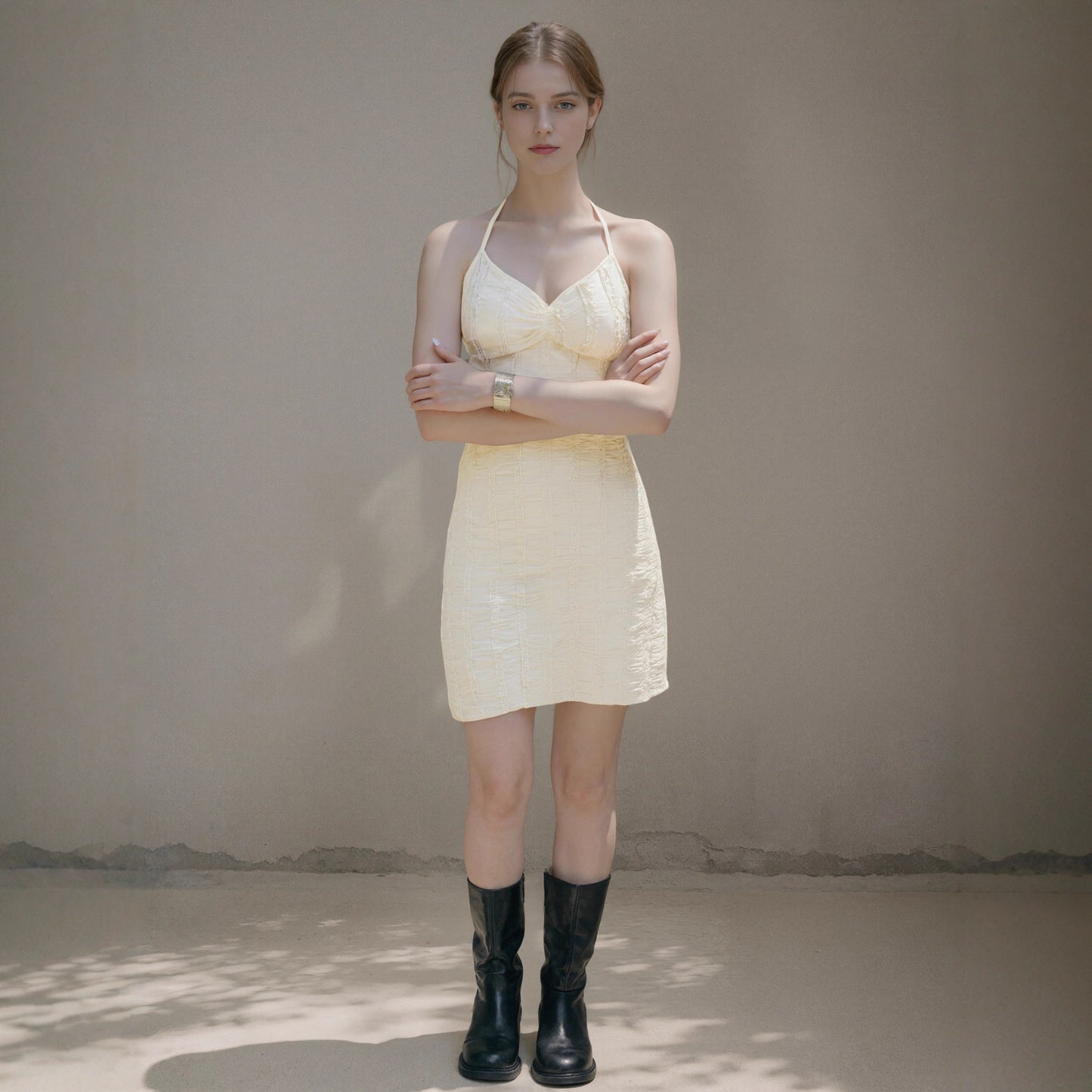 Knitted Jacquard Lace-up V-Neck Sleeveless Mini Dress