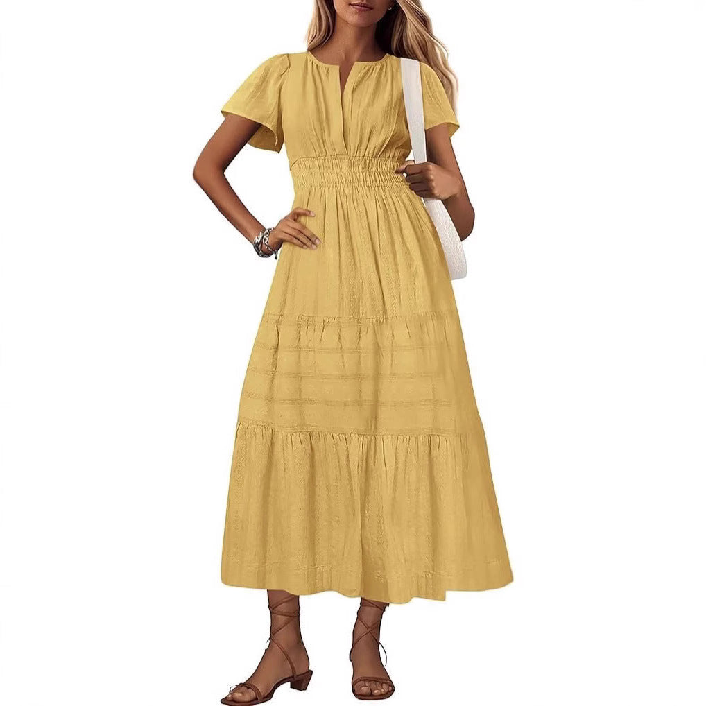 Vneck Pleated Puff Sleeve Layered Maxi Dress For Women