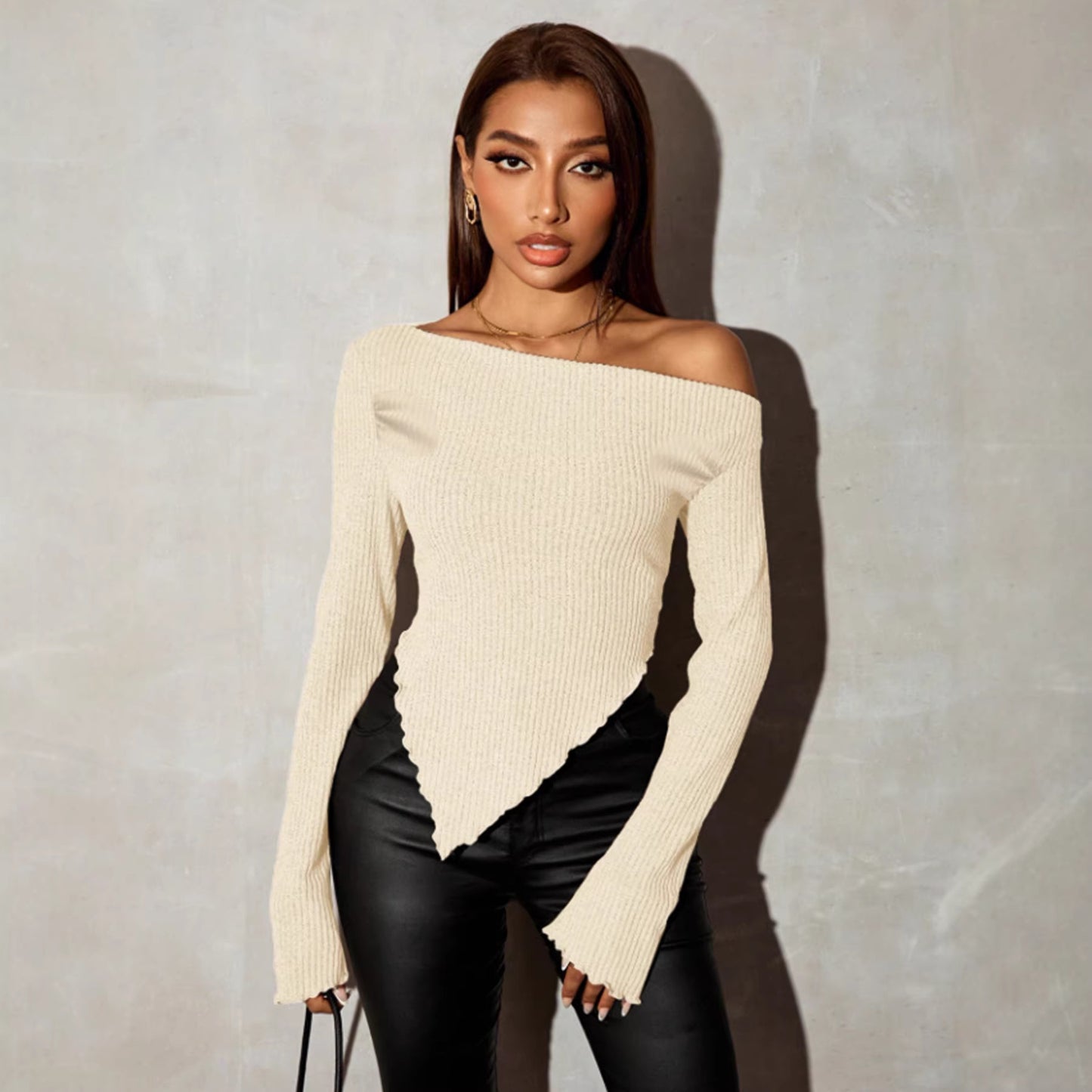 Long-sleeve Top With An Asymmetric Slant Neck And Hem