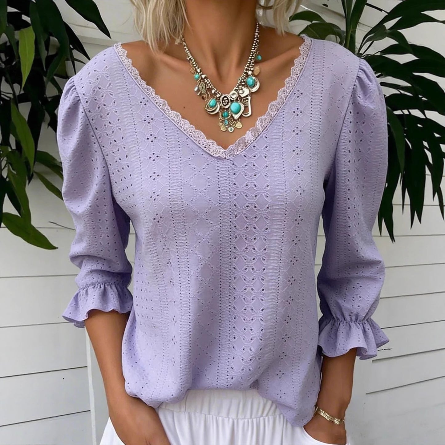 Spring Women's V Neck Hollowed Out Mid Sleeve Top For Women