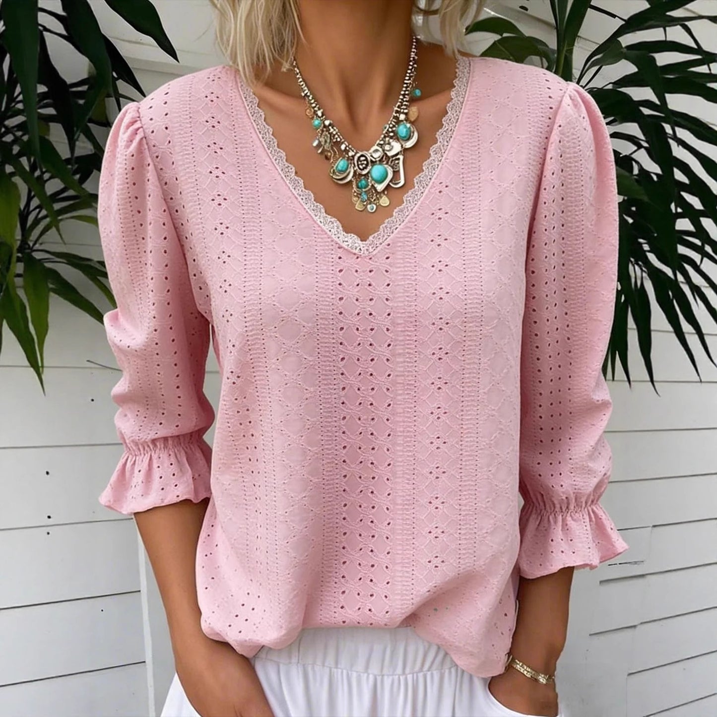 Spring Women's V Neck Hollowed Out Mid Sleeve Top For Women