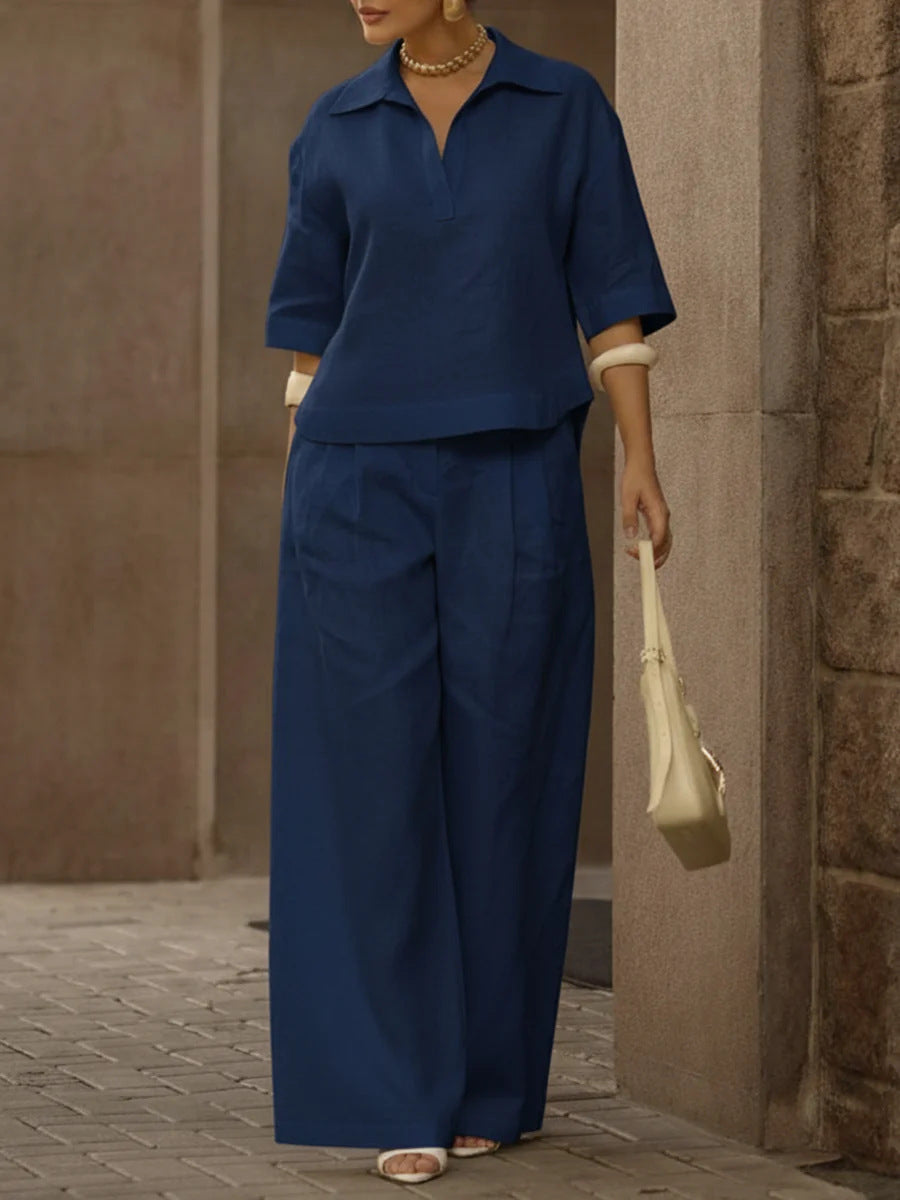 Solid-color Slimming Versatile Wide-leg Pants Two-piece Set