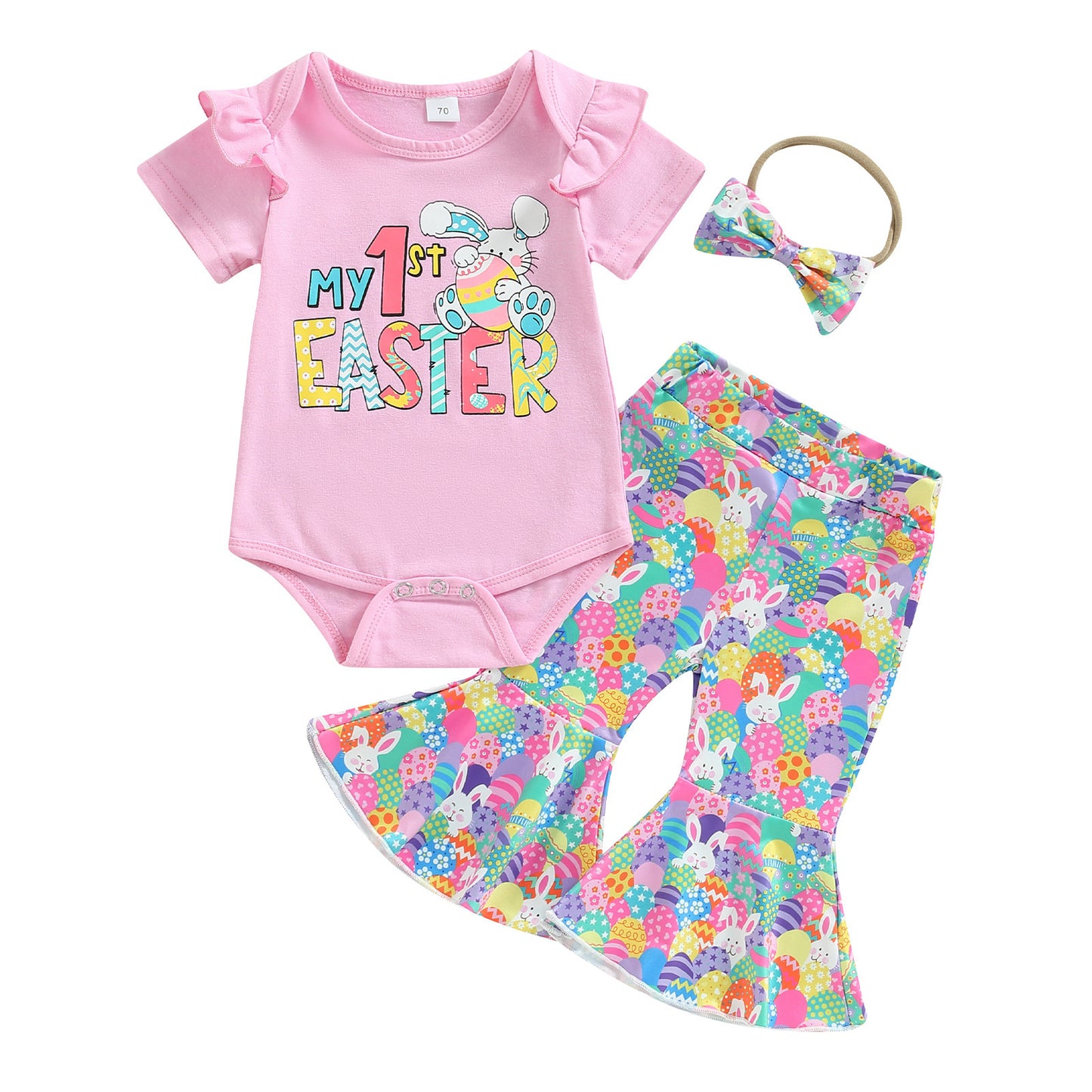 Short-sleeve Romper Bunny-print Flared Pants And A Bow Tiethree-piece Set