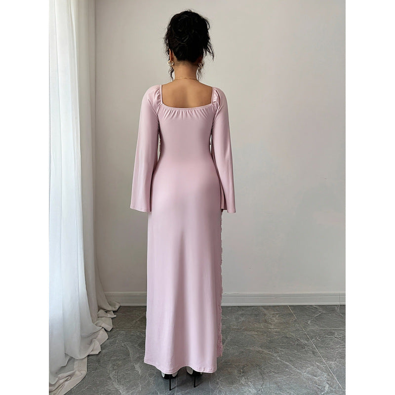 Fashionable And Elegant Floral-decorated Long-sleeve Dress With A Square Neckline And Flared Sleeves