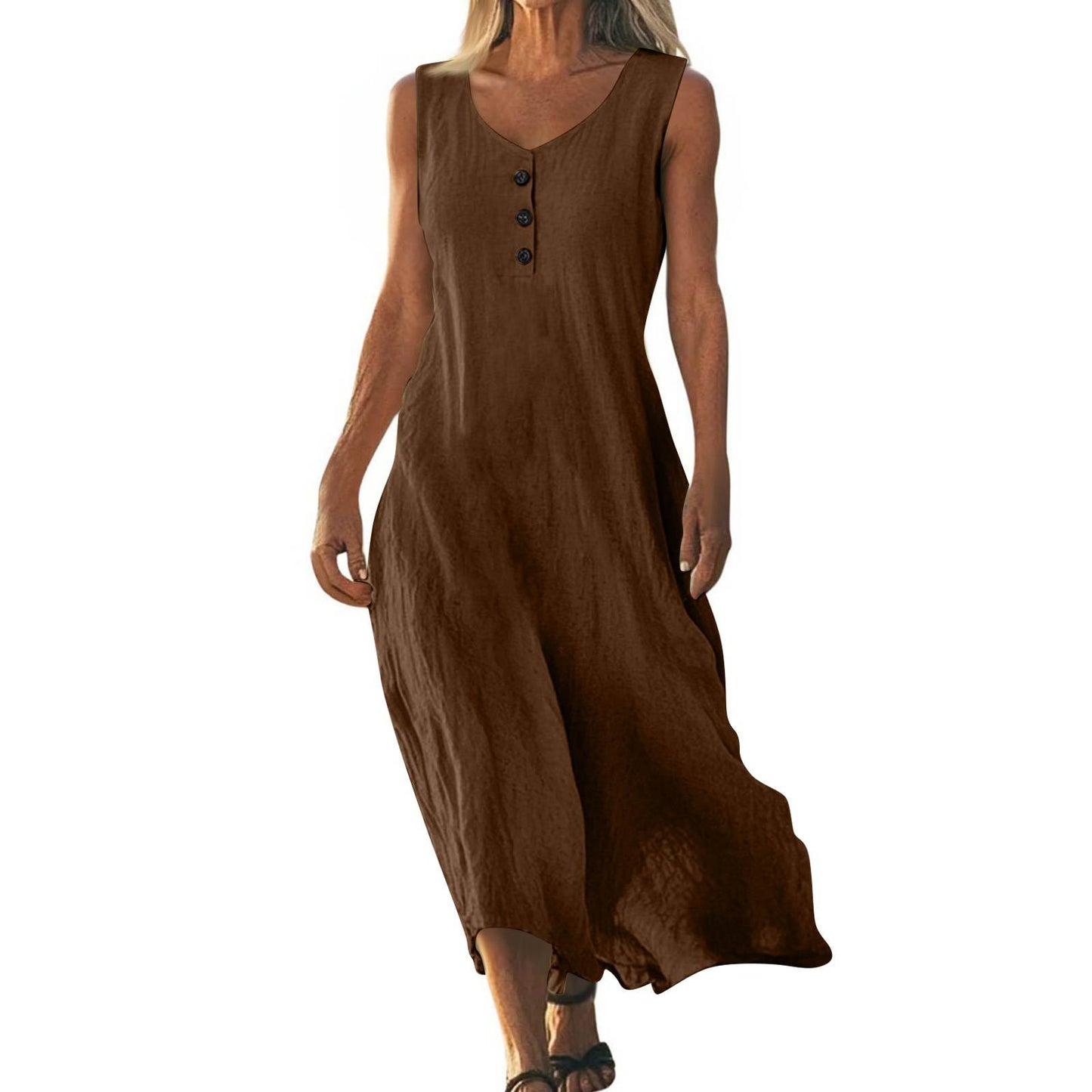 Solid-color Crewneck Sleeveless Asymmetrical Maxi Dress