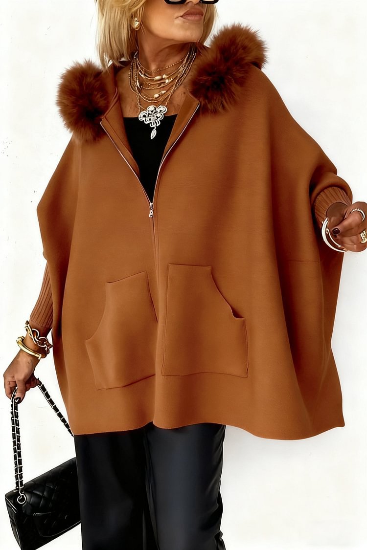 Ins Plush Hooded Cardigan Fashion Warm Pockets Zip-up Knitted Jacket Casual Outerwear Batwing Sleeve Sweater Women's Clothing