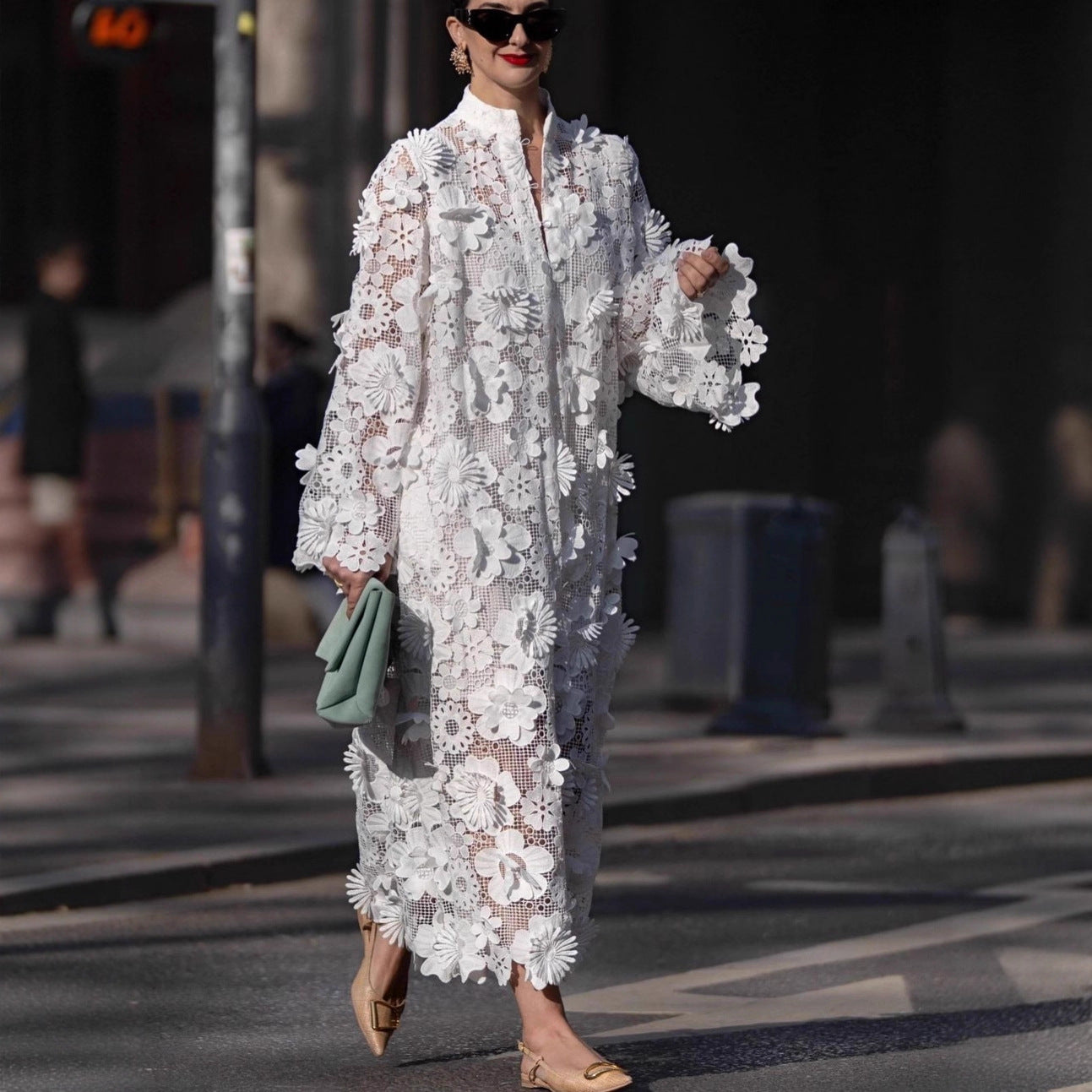 Women's Hollow-Out 3D Floral Round Neck Long Sleeve Dress