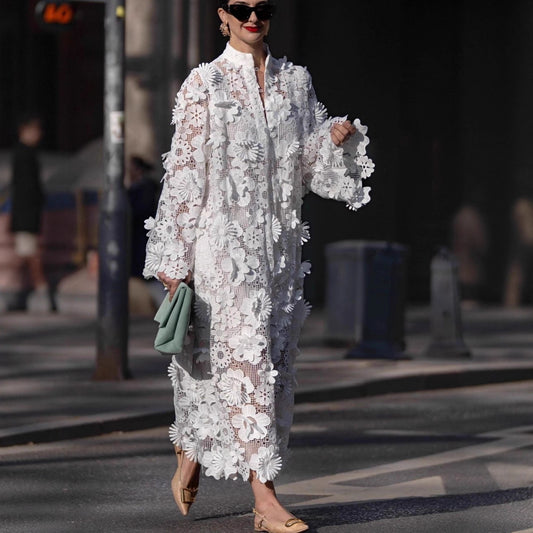 Women's Hollow-Out 3D Floral Round Neck Long Sleeve Dress