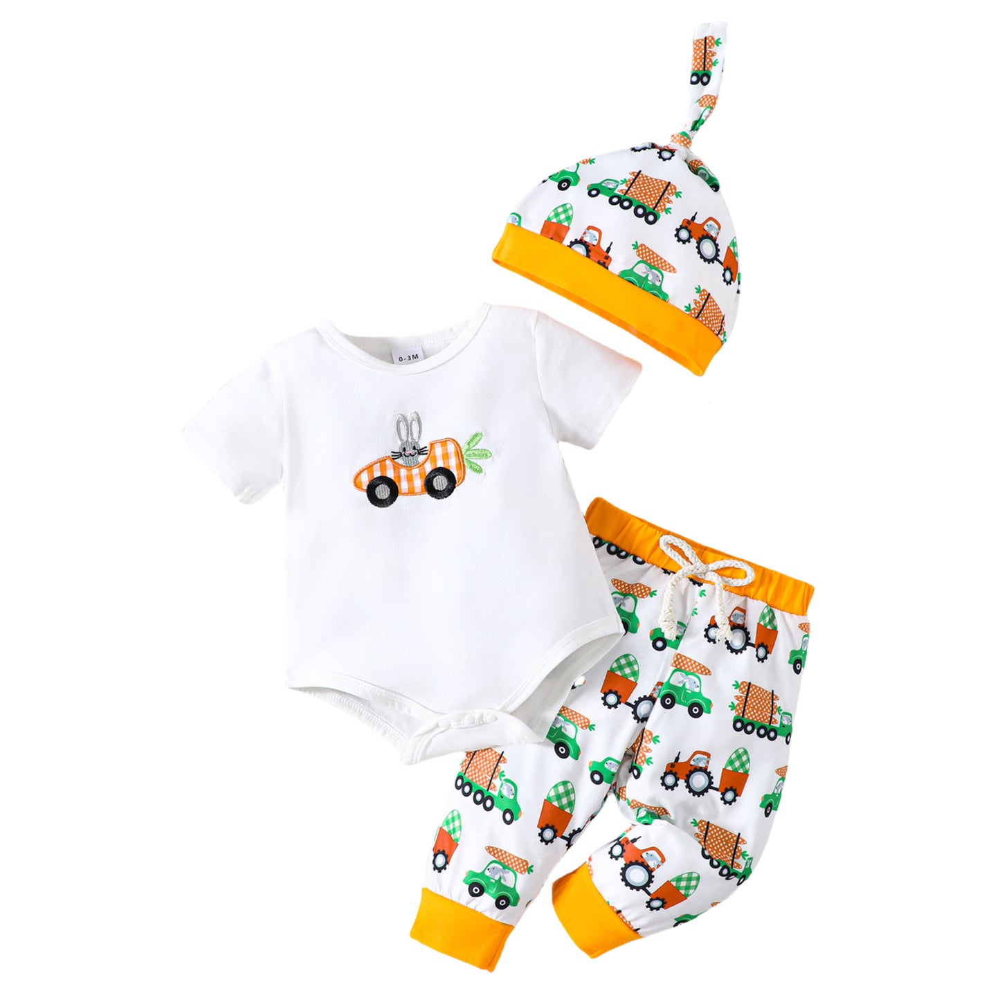 Cartoon Carrot Rabbit Embroidered Short-Sleeve Romper And Pants